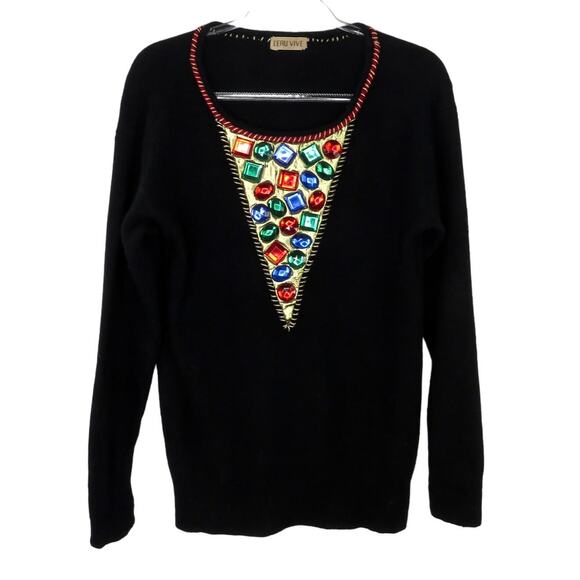 L'eau Vive 1980s Vintage Black Sweater with Rainbow Chunky Rhinestones Medium - Picture 1 of 5